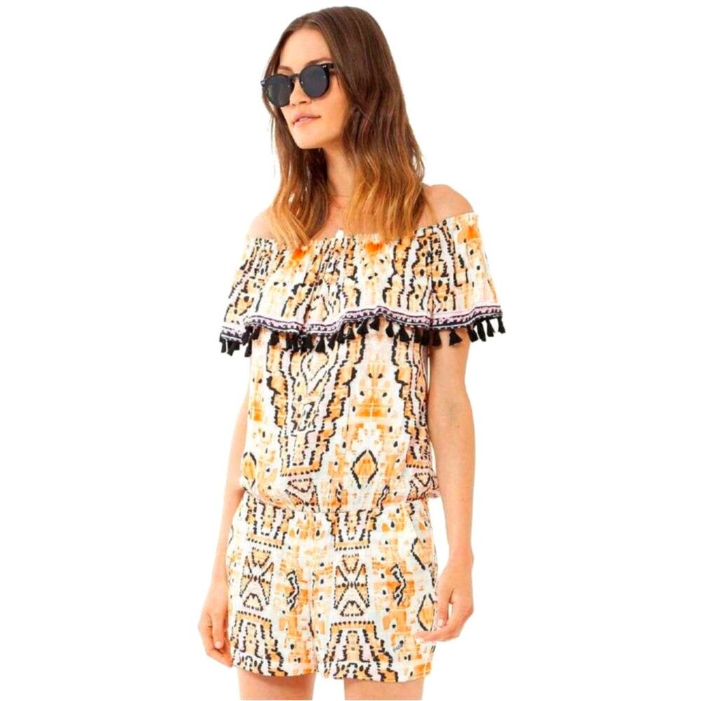 Hale Bob OLGA Off Shoulder Tassel Playsuit Romper Boho Ikat Orange S NWT $194